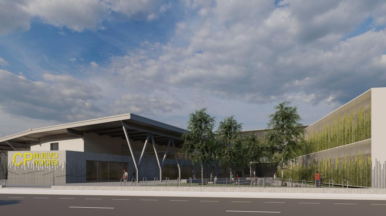 Recreación de la fachada a la calle Benito Otero Martínez del futuro colegio de Nuevo Roces. A la izquierda, el pabellón semisoterrado. En forma de ele, el aulario. 