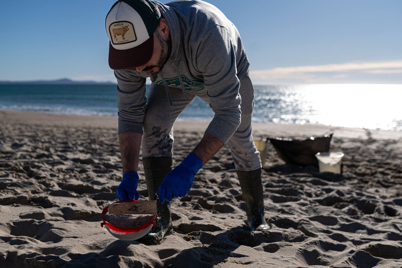 Voluntarios recogen pélets en una playa de A Coruña.