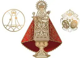 En el centro, la imagen clásica de la Virgen de Covadonga; a la izquierda, el nuevo icono; y a la derecha, el símbolo del Cabildo que se usa en documentos oficiales.