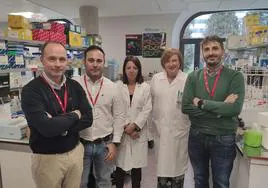 Mario Fernández Fraga, Juan Ramón Tejedor, Annalisa Roberti, Isabel Palacio y Agustín Fernández, en su laboratorio del ISPA.