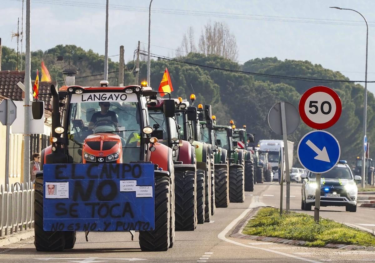 Más de 80 tractores cortan la carretera en símbolo de protesta a su paso por Sardón de Duero, un municipio de Valladolid.