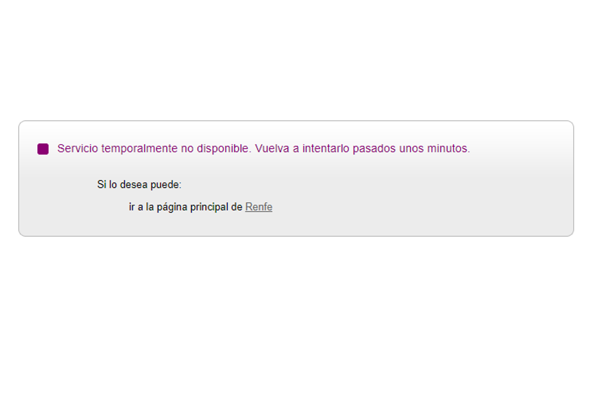 Una captura de la web de Renfe caída este lunes.