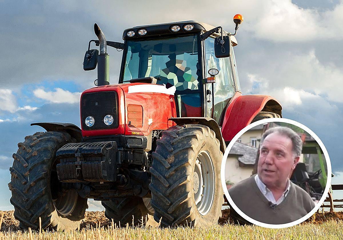 Imagen de archivo de un tractor; abajo a la derecha, Pepe Yema, fallecido en Cangas del Narcea por un accidente.