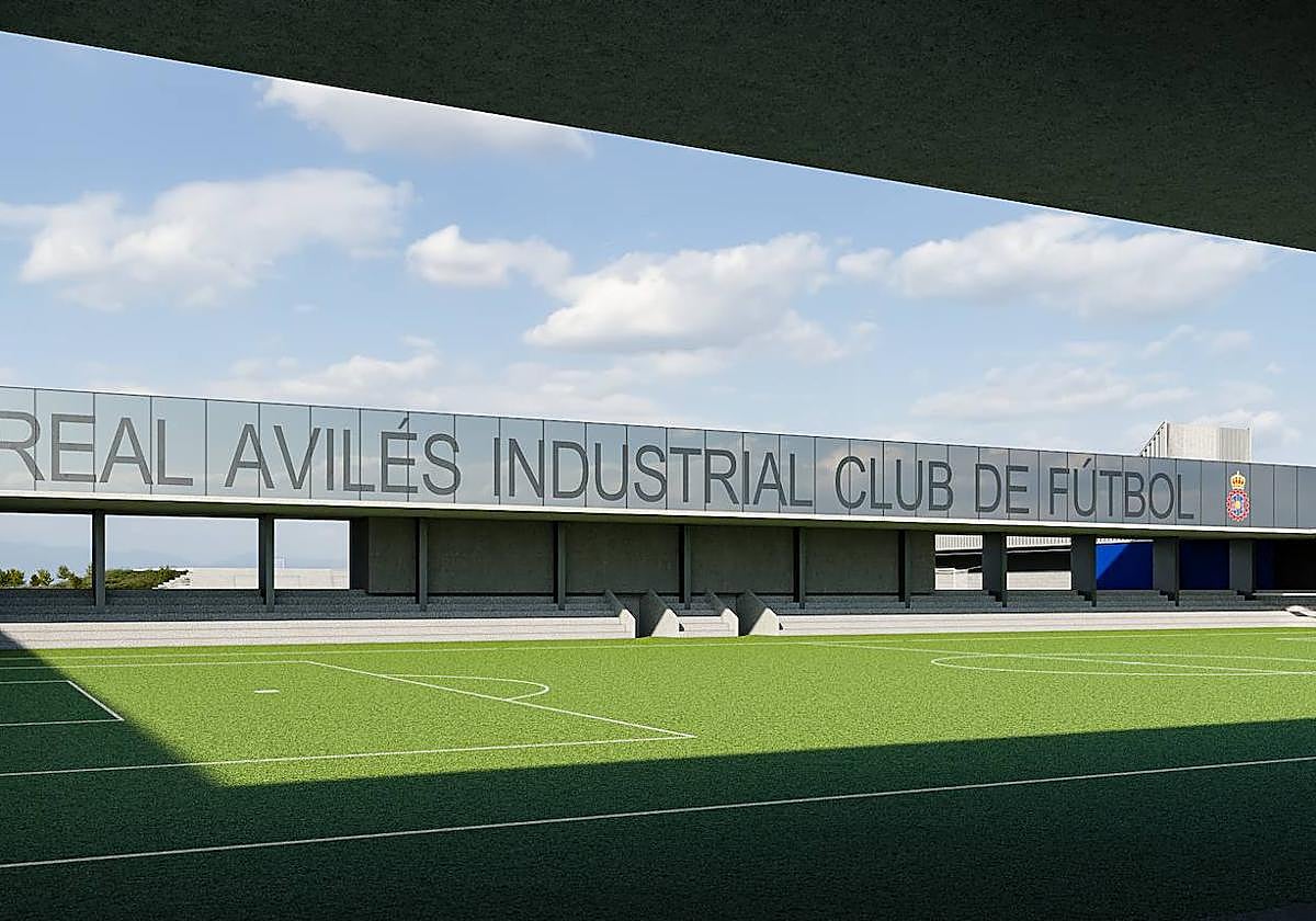 Reproducción digital de cómo se vería el miniestadio, con las oficinas del club detrás.