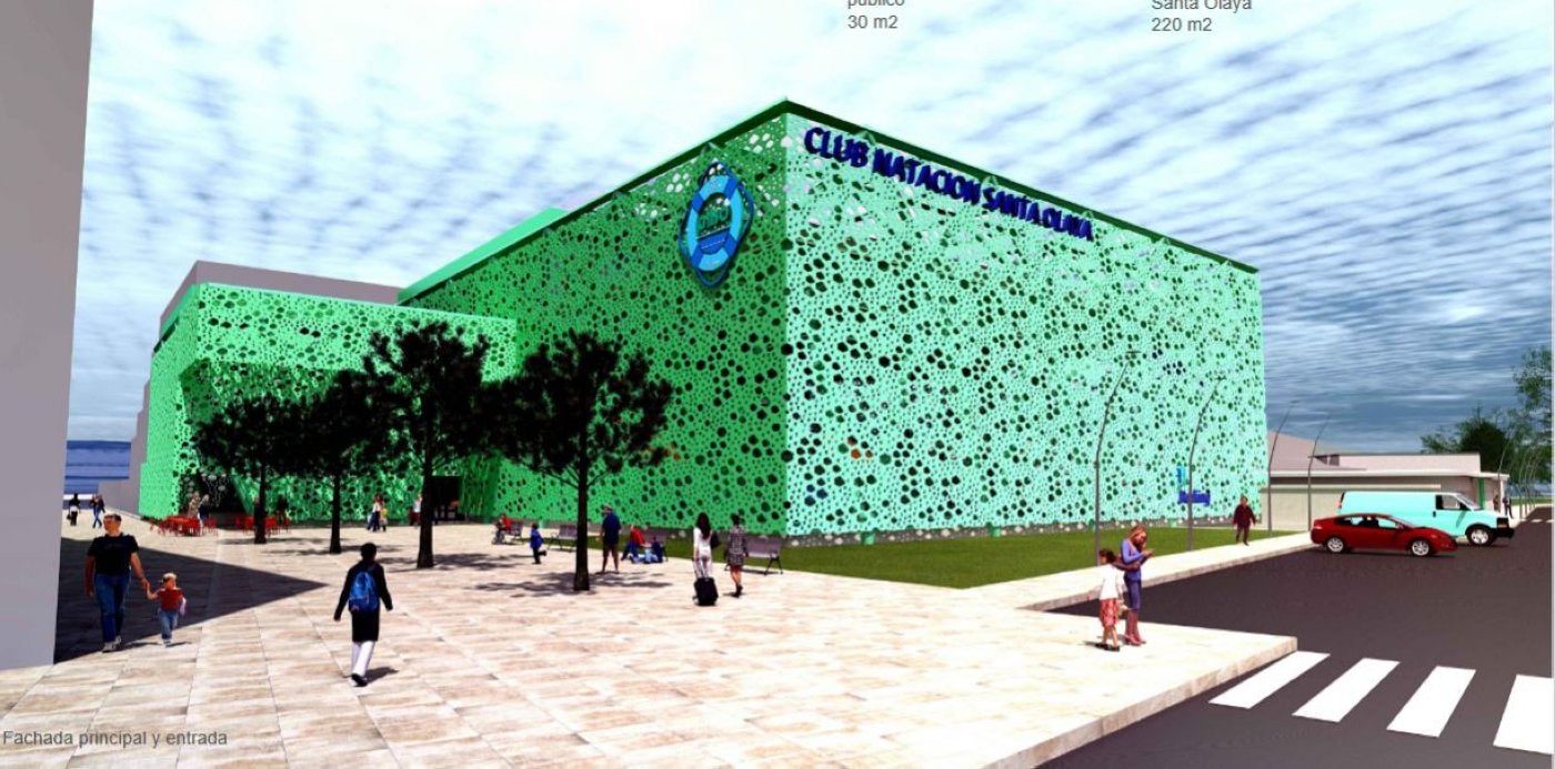 Fachada con los círculos que simulan las burbujas de la estela que deja un nadador.