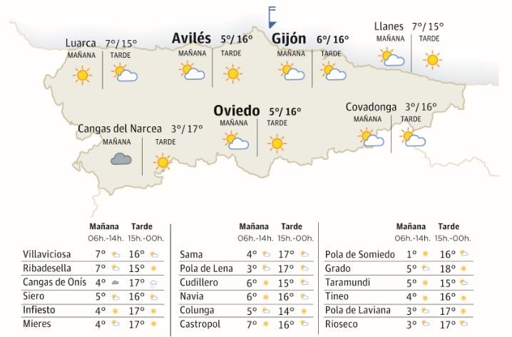 Mapa del tiempo en Asturias para este miércoles, 17 de abril.