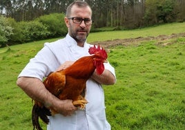 Rural. El cocinero del restaurante Arraigo, Ángel Martínez de Marigorta, sostiene un pitu de caleya en su casería de Llanera.