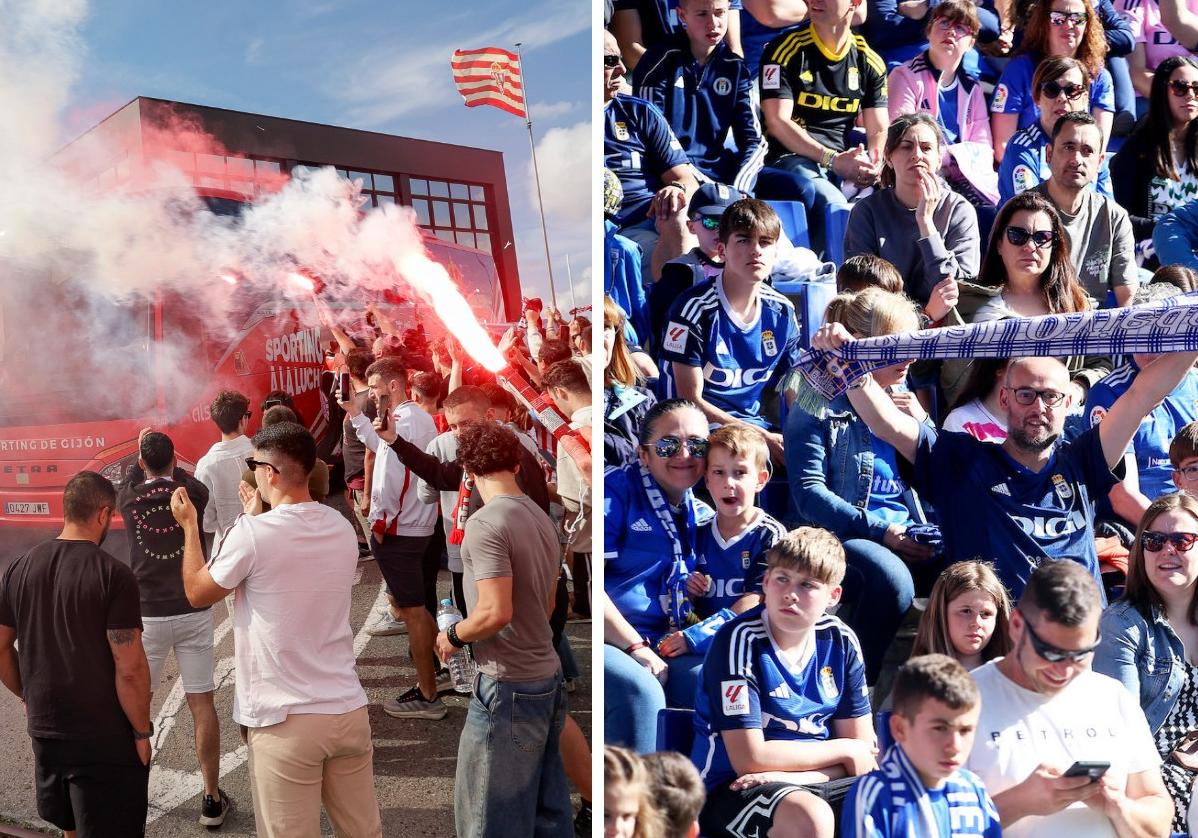 Aficionados de Sporting y Oviedo, apoyando a sus equipos en este sábado.