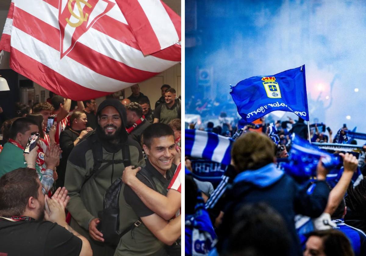 Aficionados del Sporting y Oviedo animando a sus equipos.