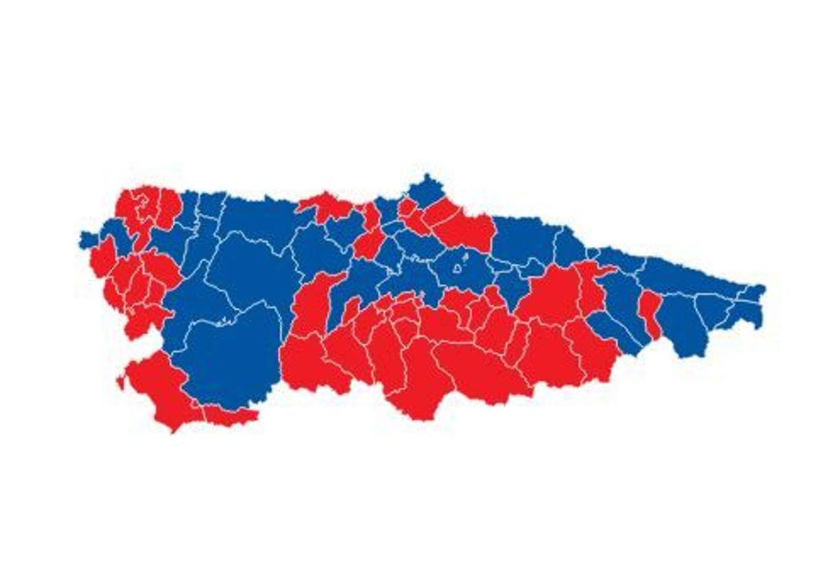 Mapa con la primera fuerza en cada concejo. En rojo el PSOE y en azul el PP.