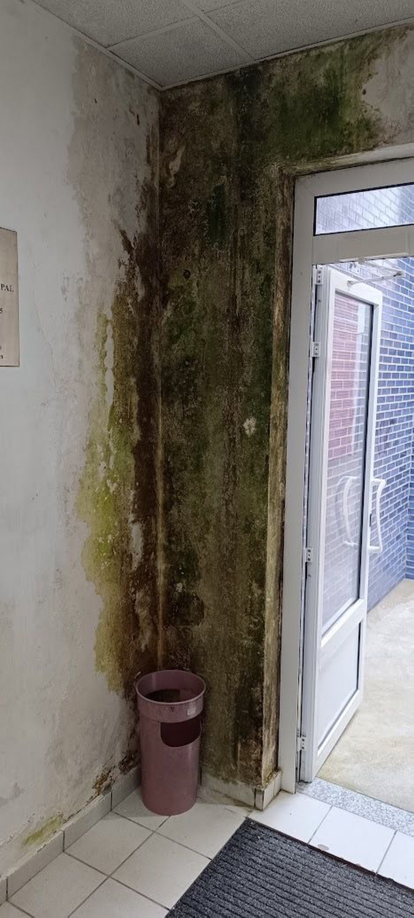 Una de las manchas de humedad a la entrada del edificio.