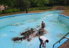 Para localizar a los renacuajos se vacía la piscina hasta dejar solo una lámina de agua.