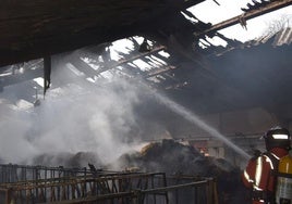 Un equipo de bomberos sofocando las llamas en una de las naves agrícolas.