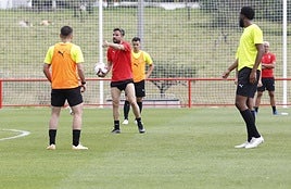 Rubén Albés da instrucciones a los jugadores durante el entrenamiento matinal de ayer en Mareo.