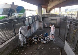 Operarios de Emulsa limpiando bajo el viaducto.