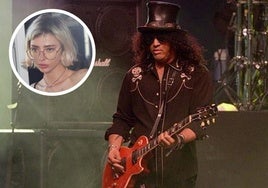 El guitarrista y compositor Slash durante la promoción de 'World on fire' y su hijastra Lucy-Bleu Knight.