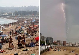 A la izquierda, la playa de San Lorenzo llena durante la mañana. A la derecha, el arenal vacío tras la tormentona, donde se puede ver cómo cae un rayo.