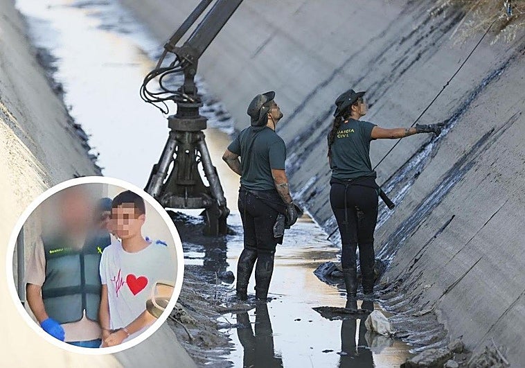 La Guardia Civil, durante el rastreo del canal de Mocejón este lunes; abajo a la izquierda, el momento de la detención del asesino confeso de Mateo.