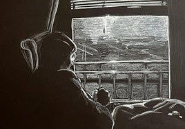 'Madre cosiendo', uno de los dibujos que se pueden ver en esta exposición de Alicia Jiménez.