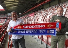 Iván Iglesias y Ricardo Bango tiran de las bufandas del Sporting y el Real Oviedo en las gradas de El Molinón.