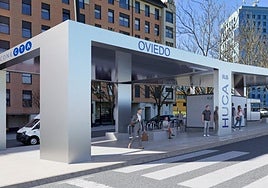 Infografía del nuevo intercambiador del HUCA, entre las glorietas Jaime Martínez González-Río. Sanitarios de Asturias y la calle Juan Antonio Álvarez Rabanal. Los pasillos rodantes conectarán el intercambiador con Consultas Externas.