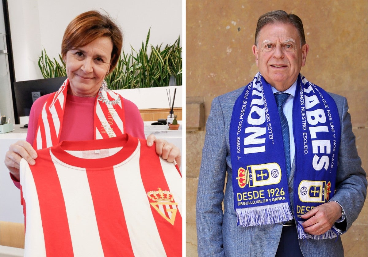 Carmen Moriyón, con una camiseta del Sporting, y Alfredo Canteli, con una bufanda del Oviedo.