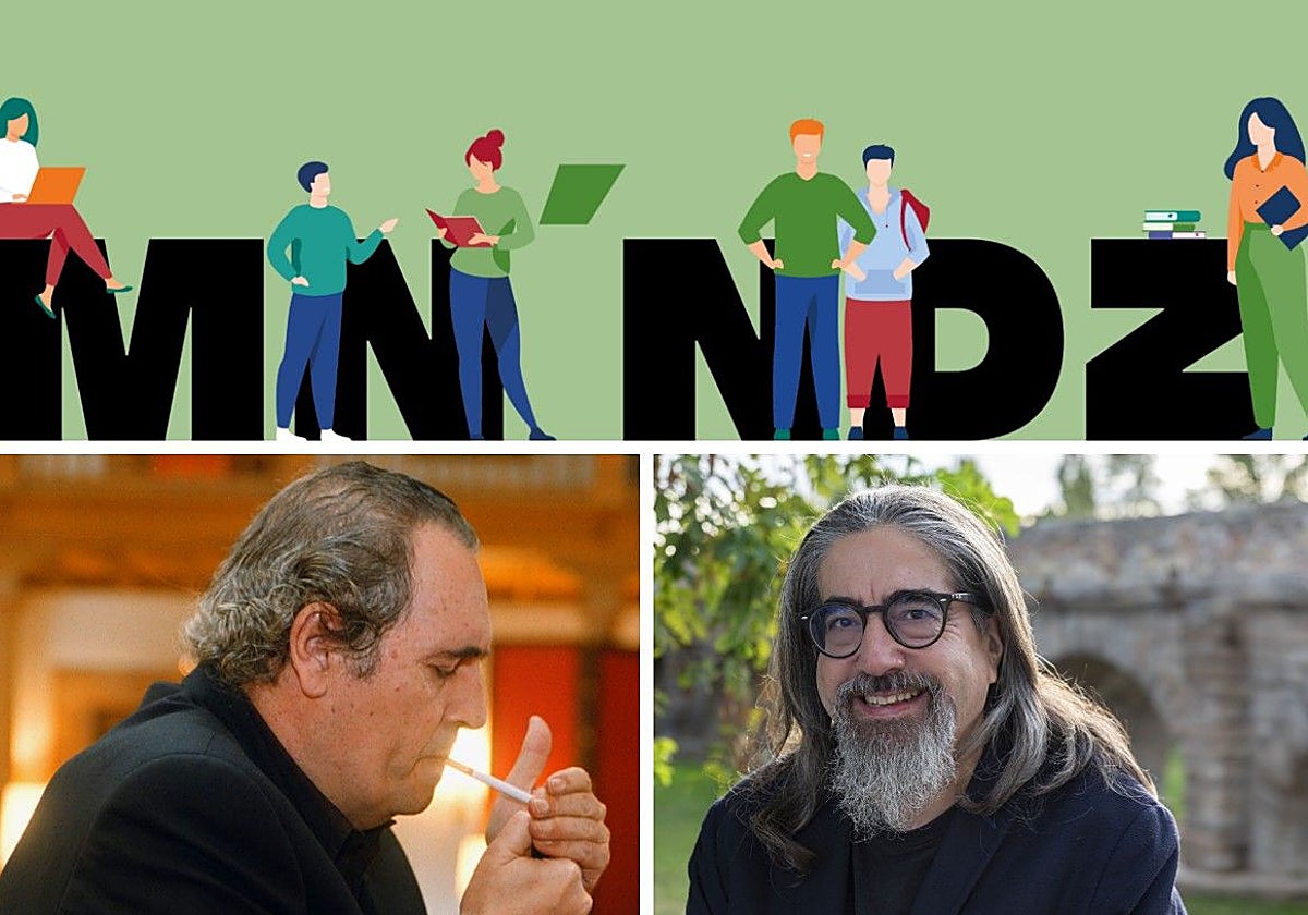 Arriba, logotipo del instituto Menéndez Pidal de Avilés. Debajo, José Avello y Luis García Jambrina, director de los Encuentros Literarios de Verines desde el año 2000.