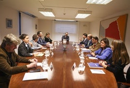 Adrián Barbón, al fondo, preside la reunión con el Gobierno, PSOE e IU-Convocatoria a la izquierda de la imagen y el PP a la derecha.