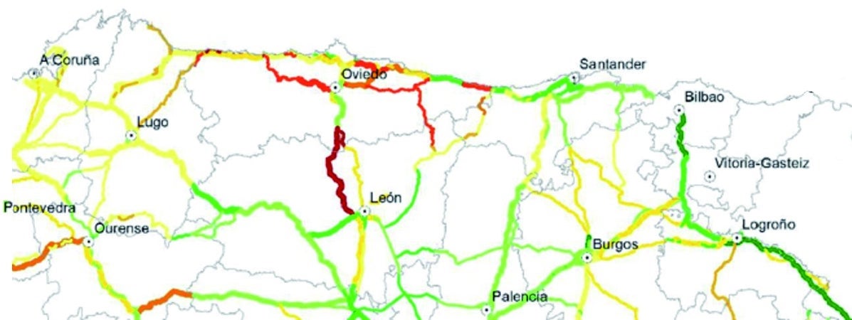 Mapa de afectación máxima de la red de carreteras a 30 años