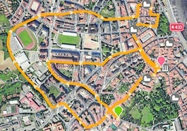 Recorrido de la San Silvestre de Avilés, con salida de la avenida de Cervantes (marcada en verde), y llegada a la plaza de España (en rojo).