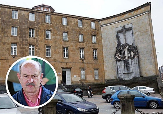 El monumento a los Héroes de Simancas en la fachada del colegio La Inmaculada de Gijón. En el círculo, el catedrático Ramón Alvargonzález.