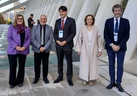 La secretaria general de Innovación del Ministerio de Ciencia, Teresa Riesgo; el secretario de Estado de Ciencia, Innovación y Universidades, Juan Cruz; el consejero de Ciencia, Borja Sánchez; la presidenta del CSIC, Eloisa del Pino, y el director general de CDTI, José Moisés Martín.