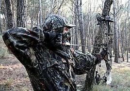 Un cazador, vestido de camuflaje, se prepara para disparar su flecha.