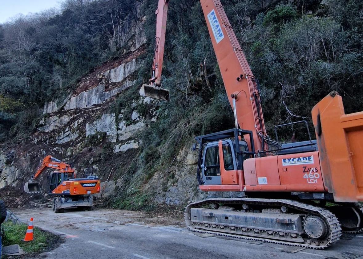 Las esxcavadoras trabajan en la retirada del argayo.