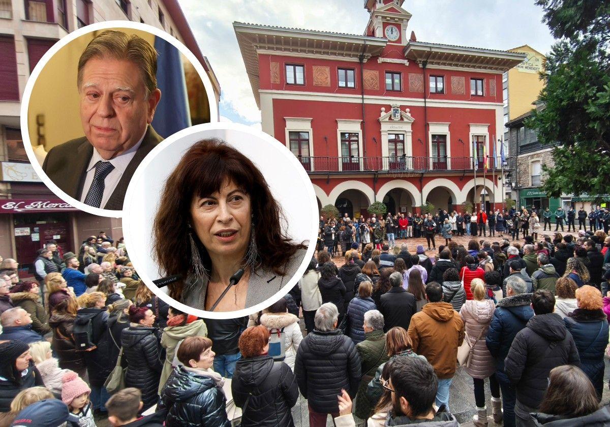 Una multitud participó el sábado en la concentración ante el Ayuntamiento de Langreo. En los círculos, el alcalde de Oviedo, Alfredo Canteli, y la ministra de Igualdad, Ana Redondo.