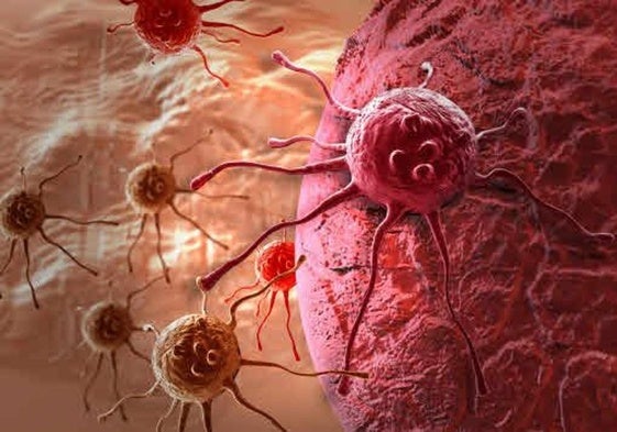 Recreación de una célula cancerosa hecha en software 3D.