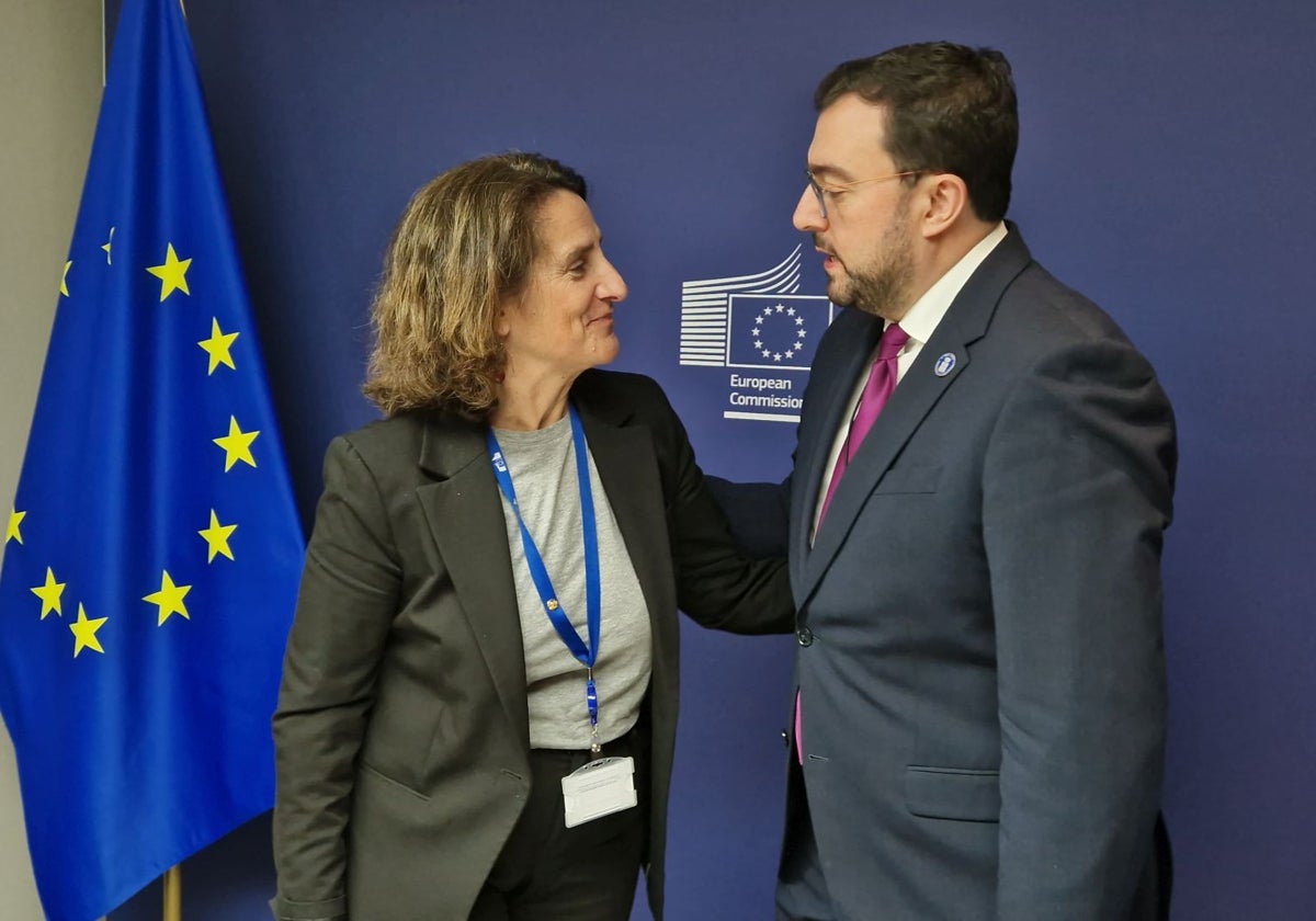 La vicepresidenta de la Comisión Europea para la Transición Limpia, Justa y Competitiva, Teresa Ribera, saluda al presidente del Principado, Adrián Barbón, en Estrasburgo.