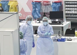 Personal sanitario que trabajó en el hospital de campaña habilitado en la Feria Internacional de Muestras de Asturias, en Gijón, durante la pandemia por la covid.