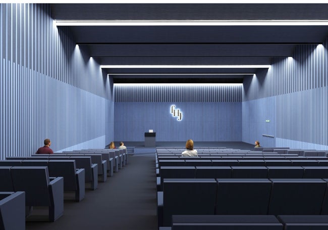Simulación del interior del futuro salón de actos del Hospital de Jove, que tendrá capacidad para 190 personas.