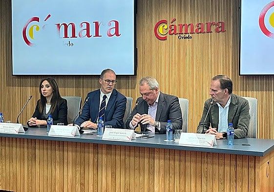 La presidenta de la Comisión de Promoción Económica de la Cámara de Avilés, Mónica Blanco; el director general de Empresas y Pymes, Ignacio Blanco; el tesorero de la Cámara de Oviedo, José Ángel García; y el director del Área de Programas a Empresas de la Cámara de Gijón.