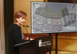 Carmen Moriyón, ante el plano con los terrenos portuarios para desarrollar Naval Azul, con los pendientes de cesión en amarillo.