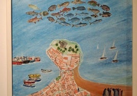 Una de las pinturas del barrio de Cimavilla y el Mar Cantábrico.