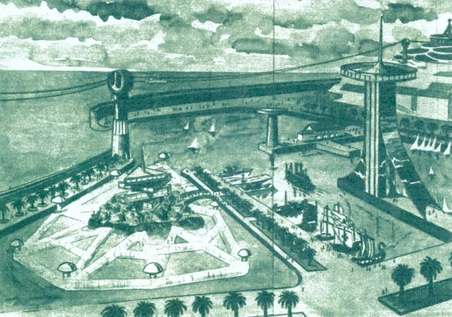 Dibujo de Fernando Vega para el suplemento extraordinario del diario Voluntad, el 15 de agosto de 1973. El Gijón del año 2000.