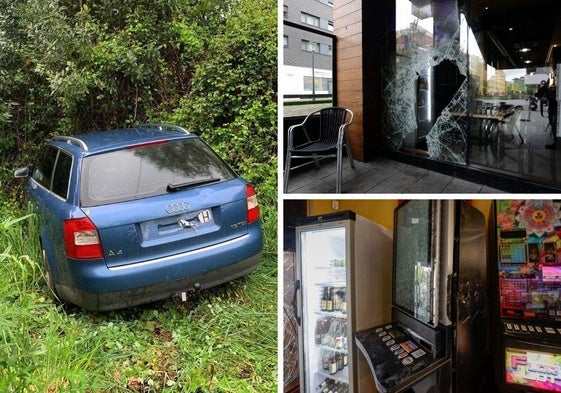 A la izquierda, el coche robado que apareció en Llanera. A la derecha, los destrozos en la cafetería de Nuevo Roces.