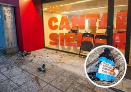 La sede del PSOE atacada en Santander, y una de las botellas.