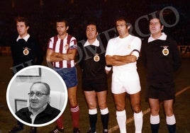 Los capitanes de Sporting y Real Madrid, en la foto con el equipo arbitral de aquel día. En la burbuja, el trencilla en una imagen reciente.