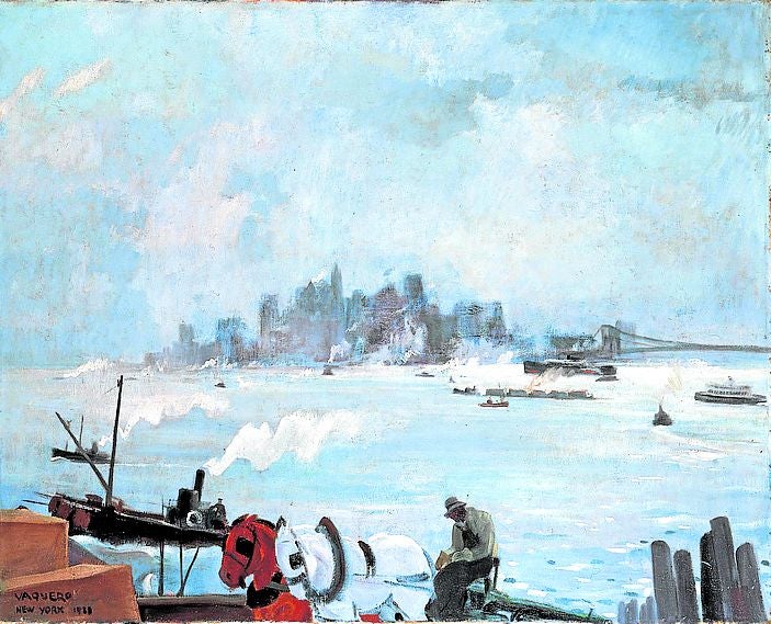 Imagen principal - 'New York', óleo de Vaquero Palacio de 1928. Obra Antonio Suárez sin título de 1970. 'Nowhere island II', 2018, de Hugo Fontela.