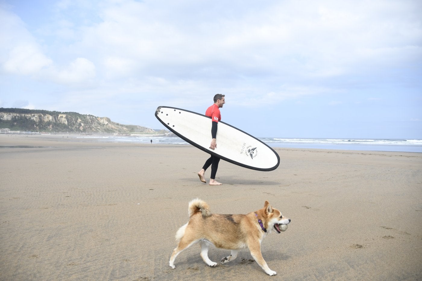 Un perro juega con una pelota en la playa de Salinas.