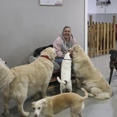 Patricia Granda posa con algunos de los usuarios de La Perroteca de la calle Prendes Pando, en Gijón.