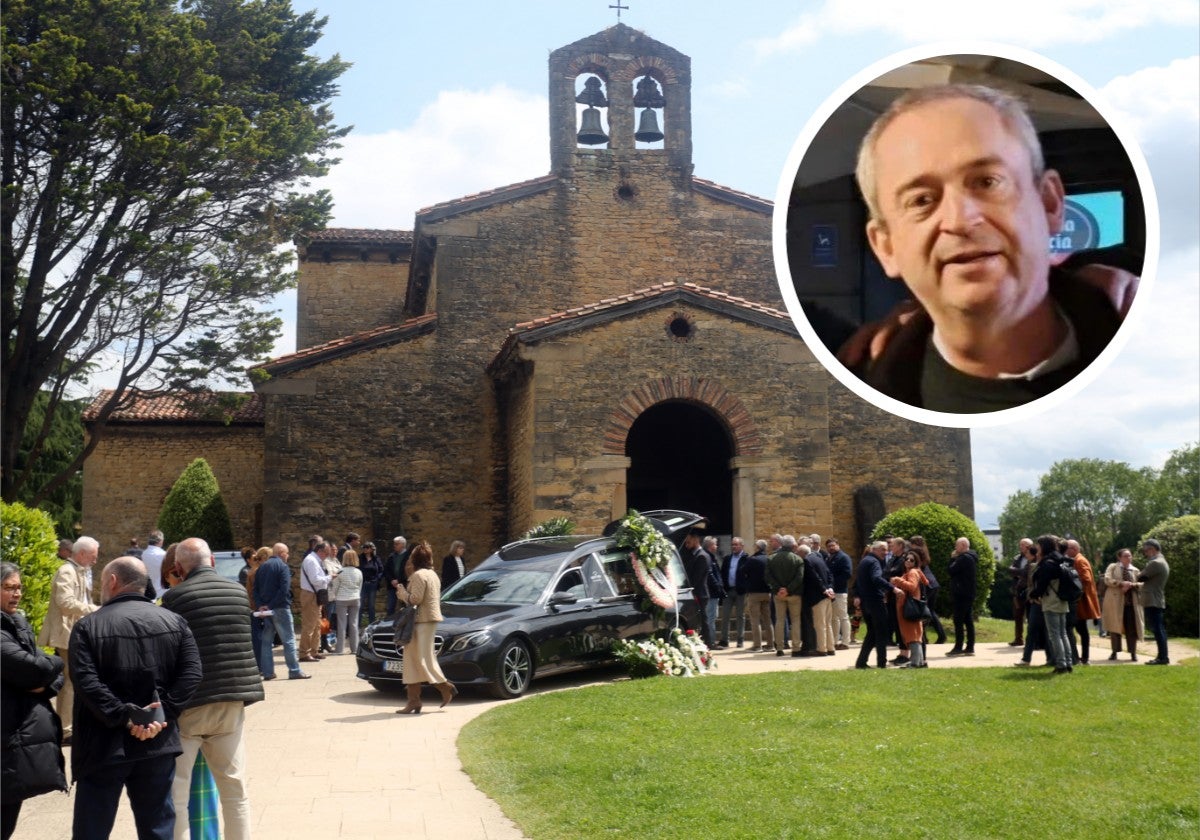 El coche fúnebre con los restos mortales de Luis Corzo, a la puerta de la iglesia prerrománica de San Julián de los Prados, a la una de esta tarde.